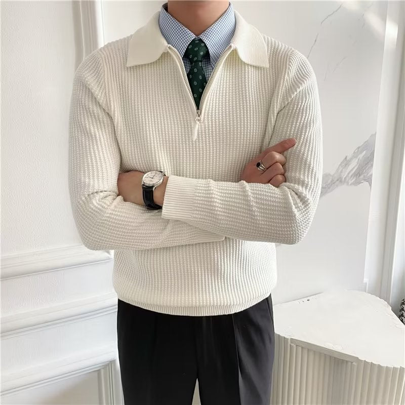 Comfortable men's knit polo sweater with a modern zip-up front, perfect for versatile layering.