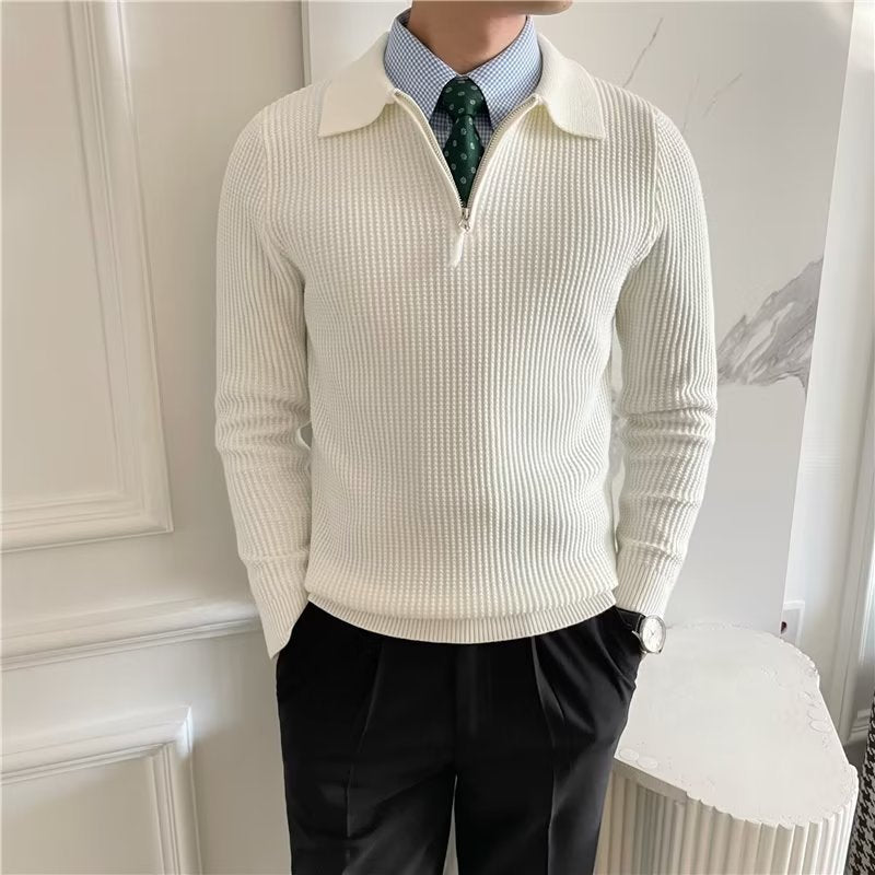Versatile men's long-sleeve zip-up polo sweater, a smart casual knit top for easy layering.