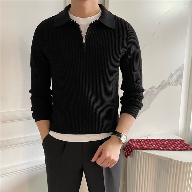 Modern men's zip-up polo sweater, a smart casual knit top with long sleeves, ideal for layering.