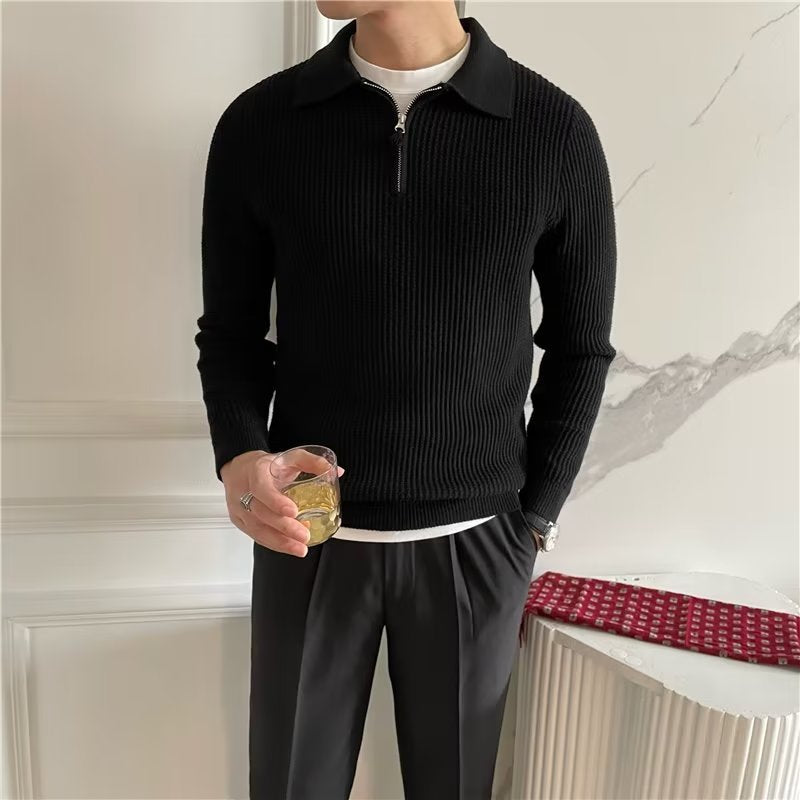 Men's smart casual zip-up knit polo sweater. Long sleeve top, great for modern layering.
