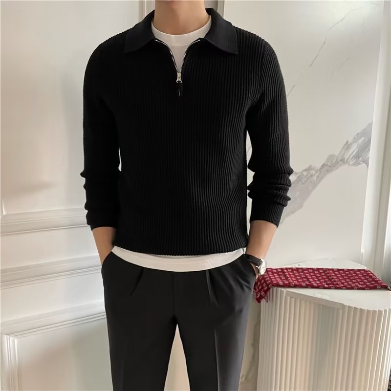 Long-sleeve men's zip-up polo sweater, a versatile smart casual knit top for modern style.