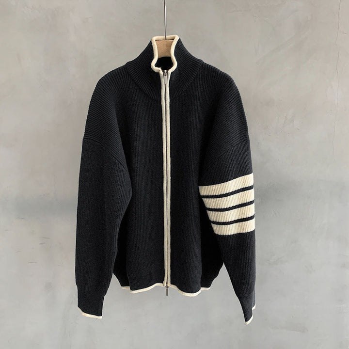 Men's zip-up sweater with modern striped long sleeves. Casual knitwear for contemporary style.