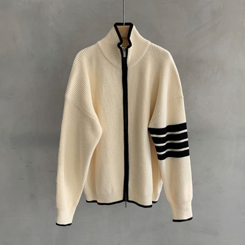 Stylish men's knit zip-up sweater featuring modern striped long sleeves. Perfect casual outerwear.