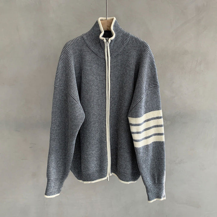 Casual men's zip-up sweater with striped long sleeves. Versatile modern knitwear for everyday fashion.