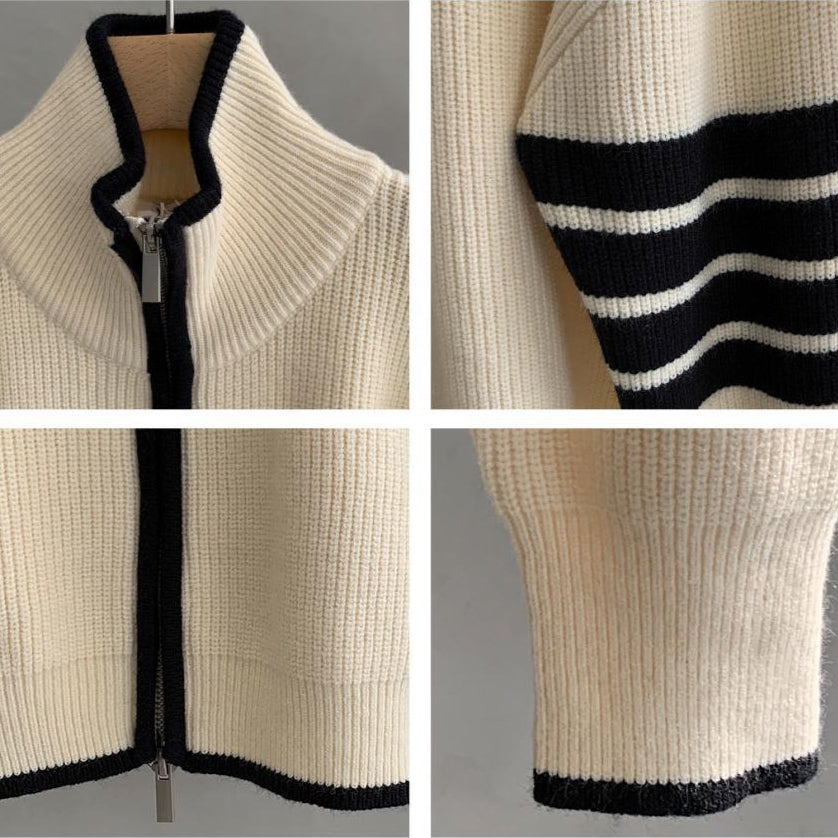 Men's fashion zip-up sweater with distinctive striped long sleeves. Comfortable modern casual knitwear.
