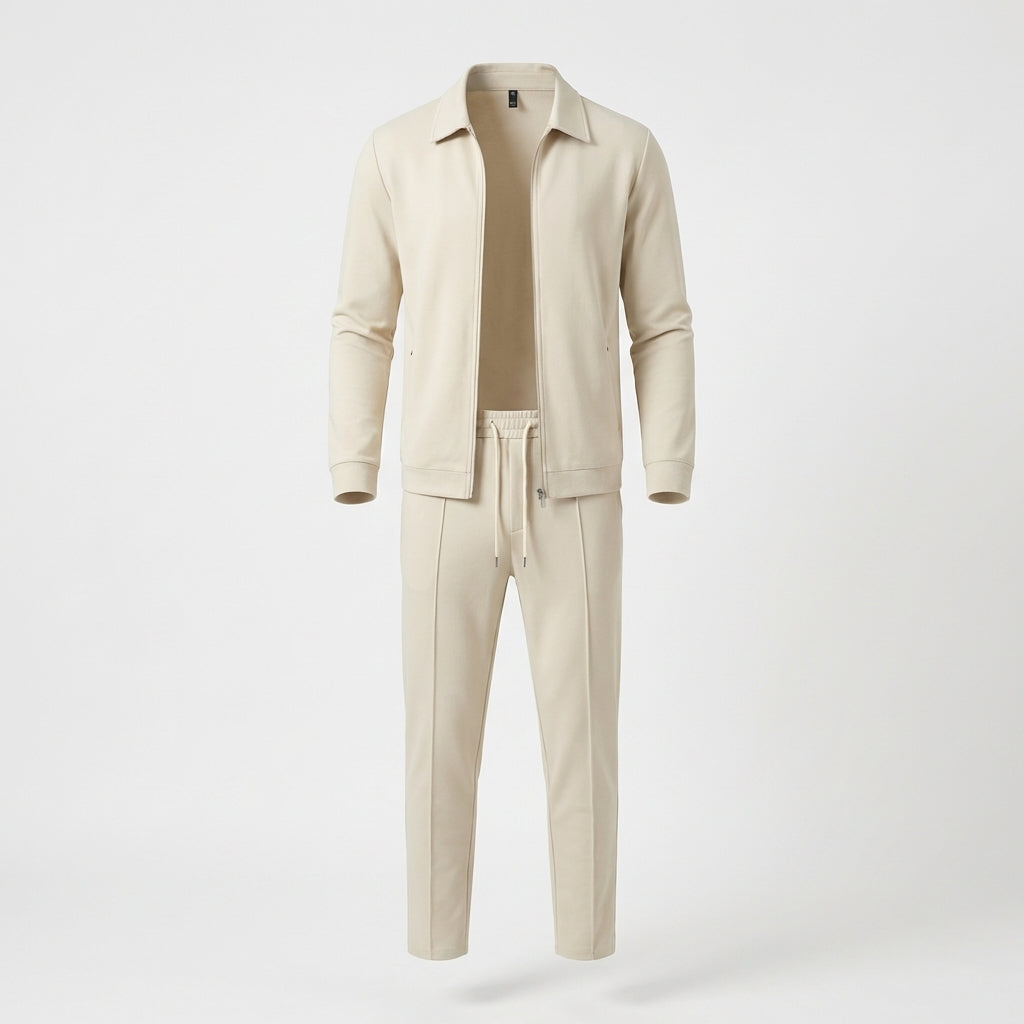 Men's zip-up tracksuit set for casual comfort. Stylish two-piece jacket & pants sportswear.
