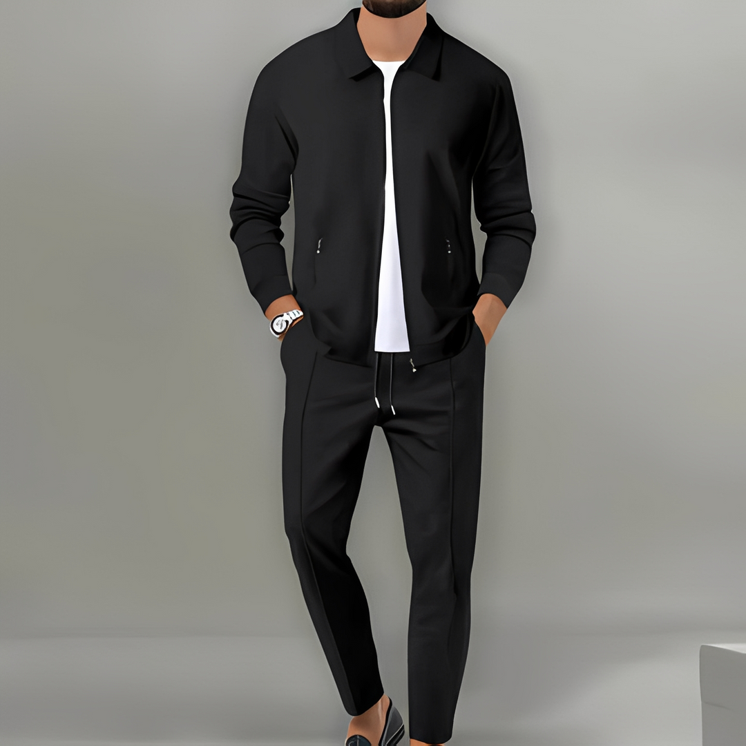 Versatile men's comfort tracksuit set. Full zip jacket and matching pants, great for casual fashion.