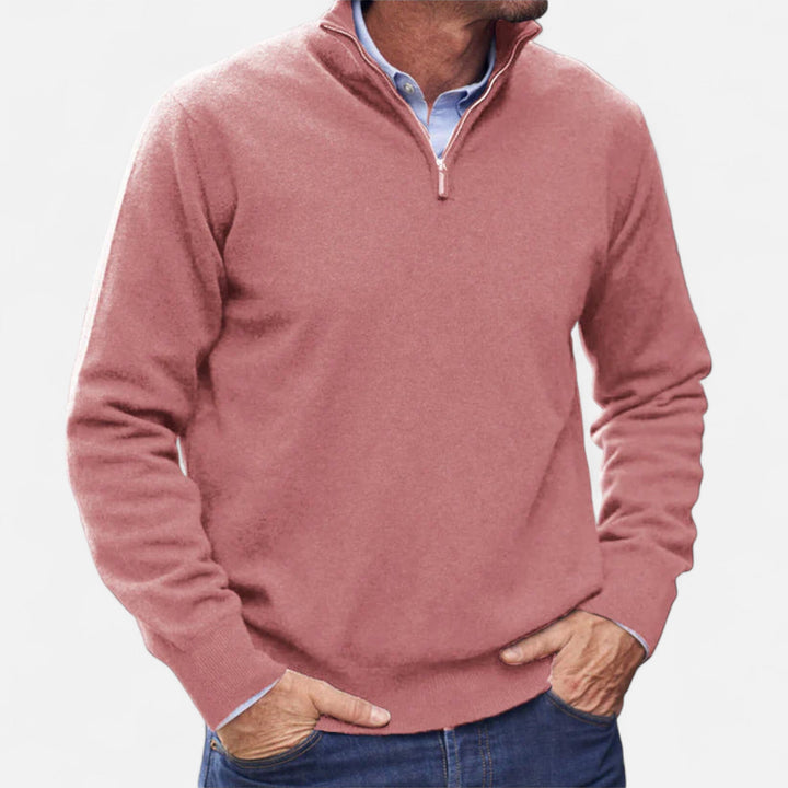 Men's zipper knit sweater, elegant & comfortable for versatile layering. Modern long-sleeve pullover style.