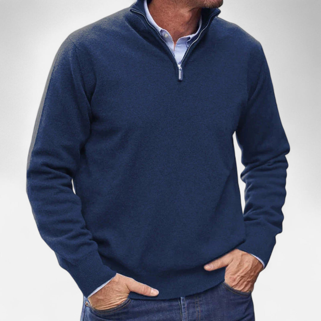 Elegant men's zipper sweater, a modern long-sleeve knit pullover offering refined style and comfort.