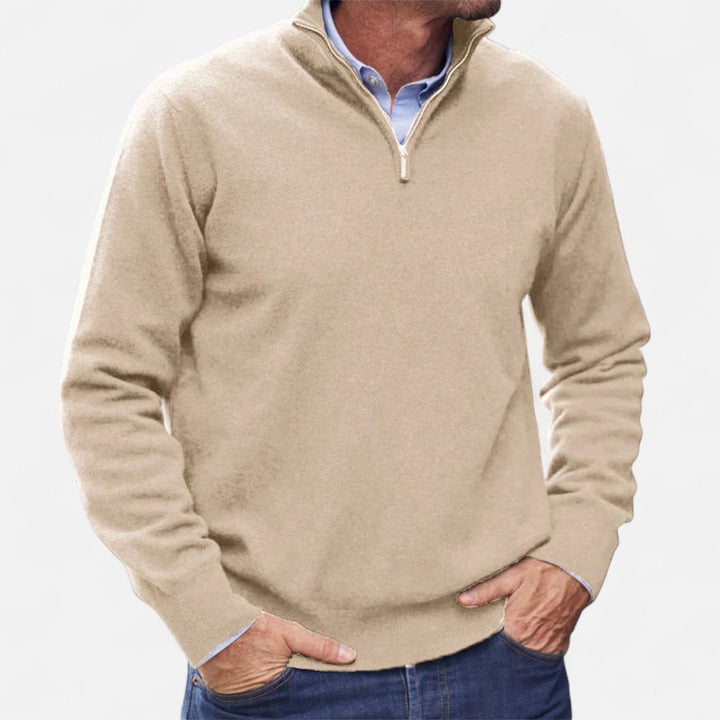 Lightweight men's knit sweater with zipper, perfect for sophisticated casual or formal layering.