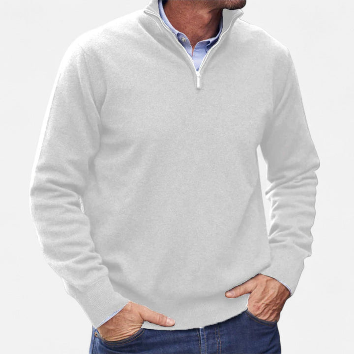 Refined men's zipper sweater, a comfortable lightweight knit for modern casual or formal outfits.