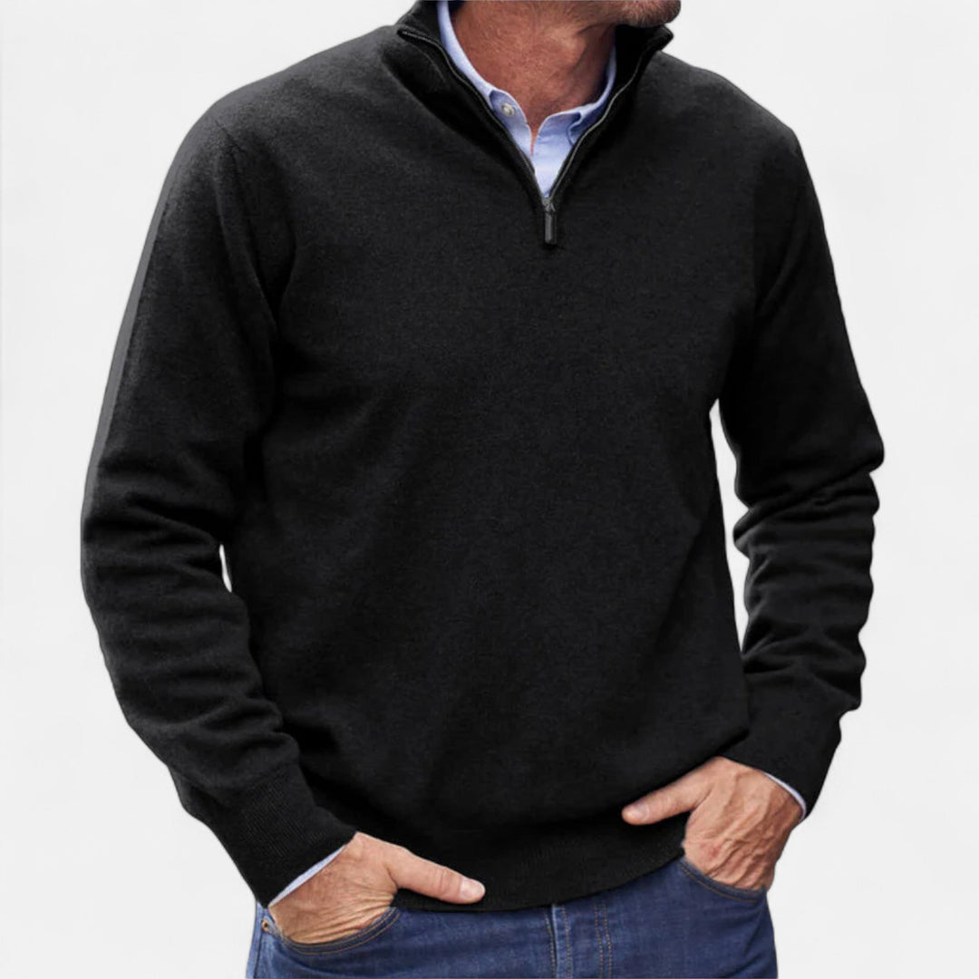 Men's modern knit sweater with zipper, blending comfort, sophisticated style, and versatility.
