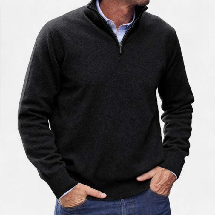 Men's modern knit sweater with zipper, blending comfort, sophisticated style, and versatility.