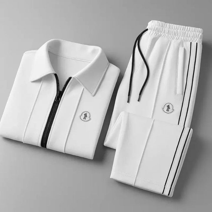 Modern men's leisure tracksuit. Zip-up jacket & comfortable joggers for everyday wear, light activity, or chilling.