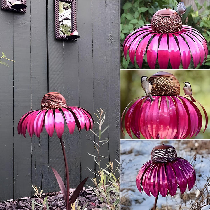 Metal flower design bird feeder house, elegant garden decor for wild birds. Weather-resistant outdoor accessory.