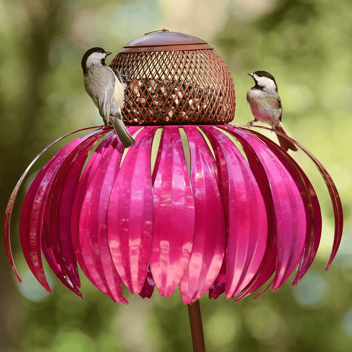 Durable metal bird feeder with intricate flower design for garden decor. Attracts wild birds, weather-resistant.