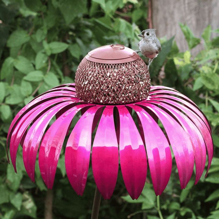 Charming metal flower bird feeder house, ideal garden decor & outdoor ornament for wild birds. Weather-resistant.