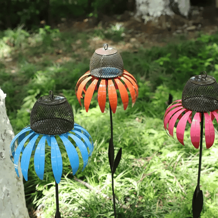 Decorative metal flower bird feeder, a stylish garden accessory for attracting wild birds. Weather-resistant & durable.