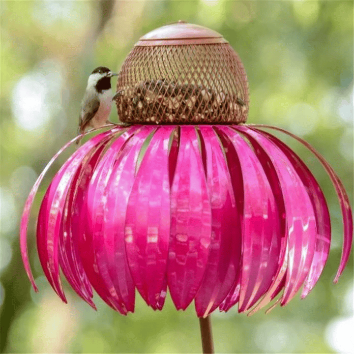 Garden decor metal bird feeder house, featuring beautiful flower design for wild birds. Weather-resistant outdoor patio accessory.