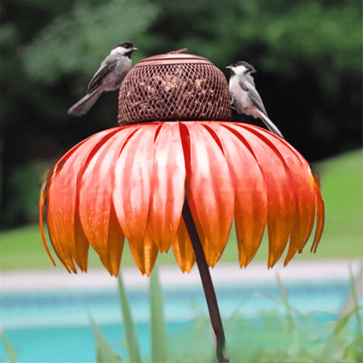 Weather-resistant metal flower bird feeder, perfect garden decor for feeding wild birds & bird watching.
