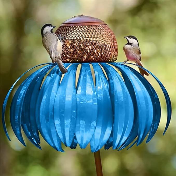 Elegant metal flower bird feeder house for garden, a durable outdoor ornament attracting wild birds. Weather-resistant.