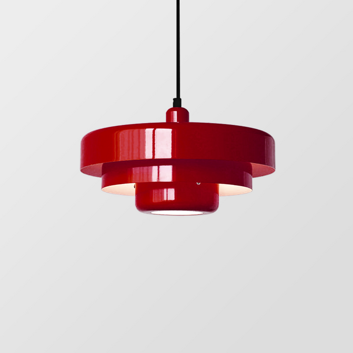 "Mid-century industrial pendant light, vibrant colors, sleek design; perfect for modern interiors, dining rooms, and offices.