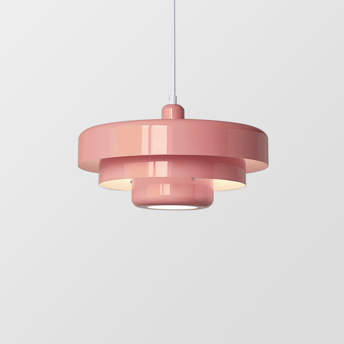 "Mid-century industrial pendant light, vibrant colors, sleek design; perfect for modern interiors, dining rooms, and offices.