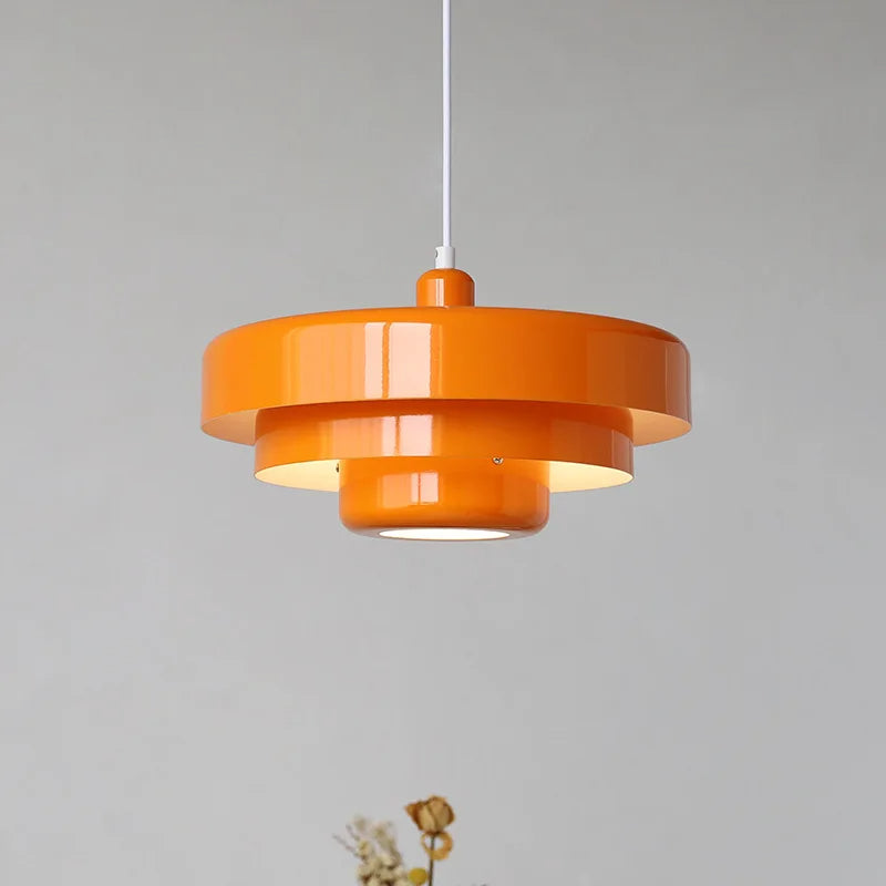 "Mid-century industrial pendant light, vibrant colors, sleek design; perfect for modern interiors, dining rooms, and offices.