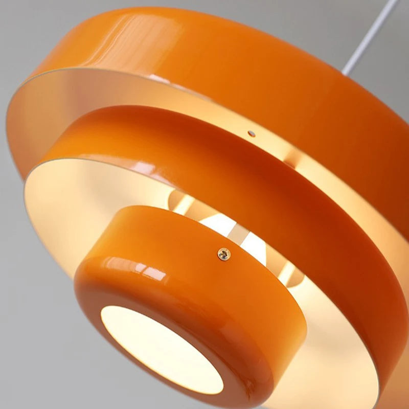 "Mid-century industrial pendant light, vibrant colors, sleek design; perfect for modern interiors, dining rooms, and offices.