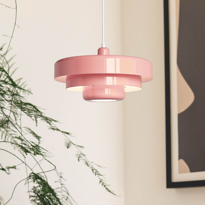 "Mid-century industrial pendant light, vibrant colors, sleek design; perfect for modern interiors, dining rooms, and offices.