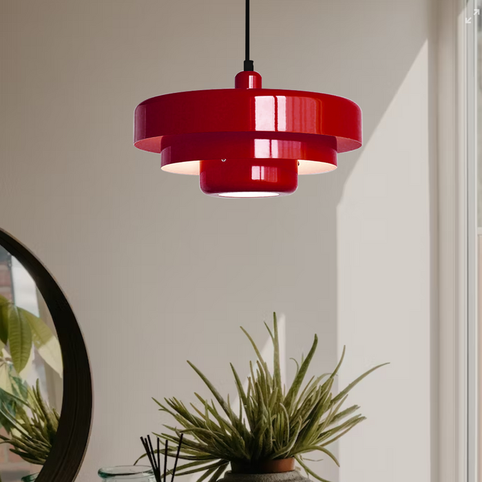 "Mid-century industrial pendant light, vibrant colors, sleek design; perfect for modern interiors, dining rooms, and offices.