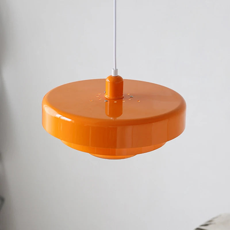 "Mid-century industrial pendant light, vibrant colors, sleek design; perfect for modern interiors, dining rooms, and offices.
