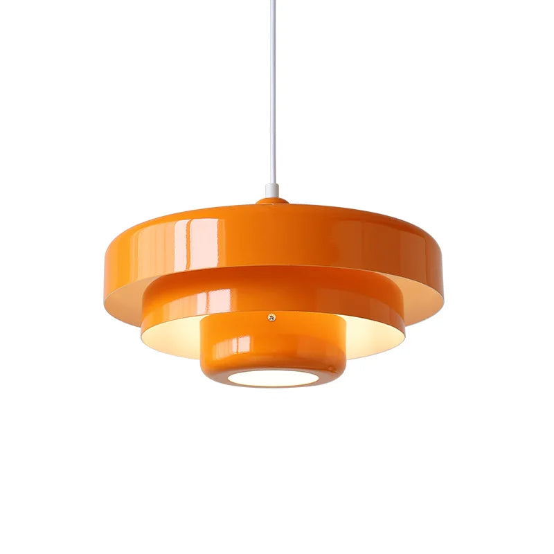"Mid-century industrial pendant light, vibrant colors, sleek design; perfect for modern interiors, dining rooms, and offices.