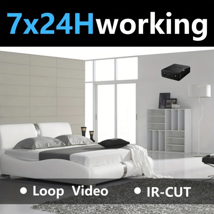 Discreet mini spy camera in black, offering full HD recording and essential night vision