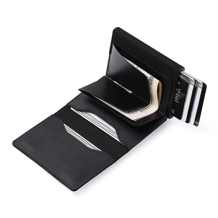 Minimalist men's RFID wallet with AirTag holder in black carbon fiber, slim design