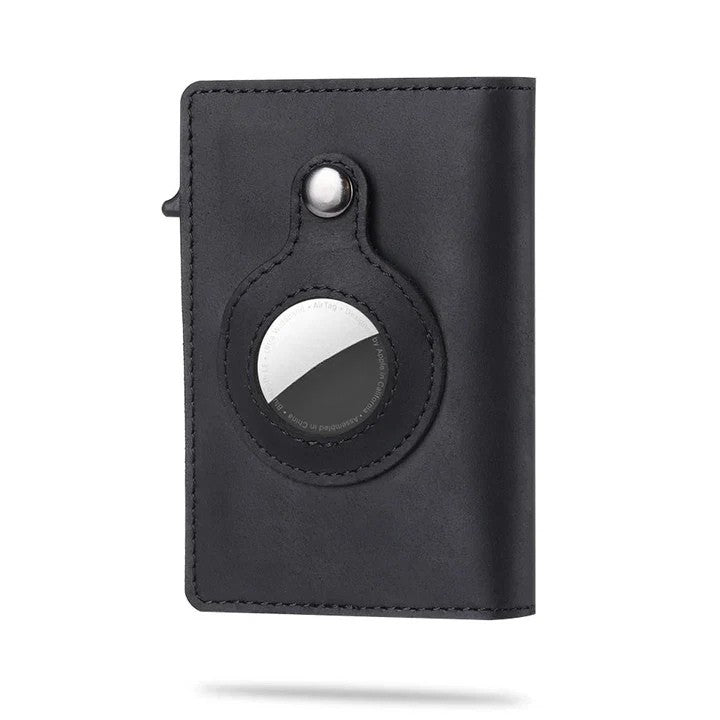 Modern men's card holder wallet, aluminum and carbon fiber, with an AirTag integration
