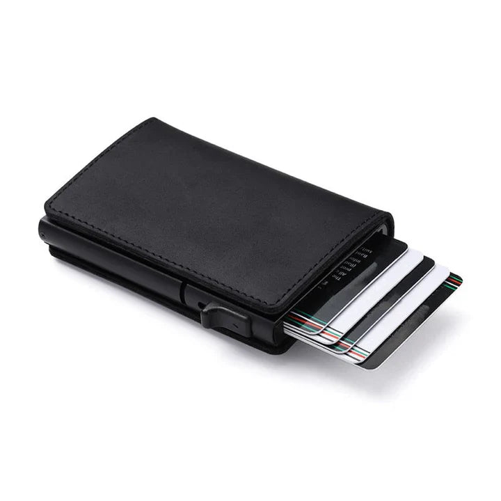 Secure black carbon fiber wallet for men, RFID blocking with integrated AirTag pocket