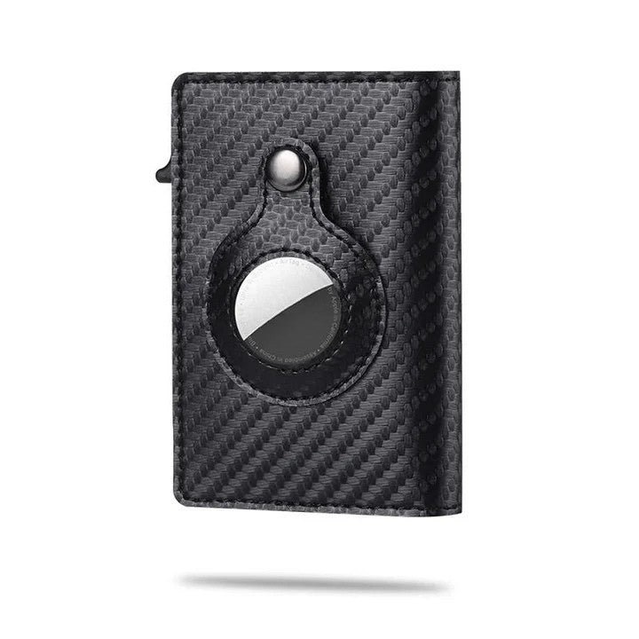Front pocket men's wallet, minimalist design, carbon fiber texture, and AirTag slot
