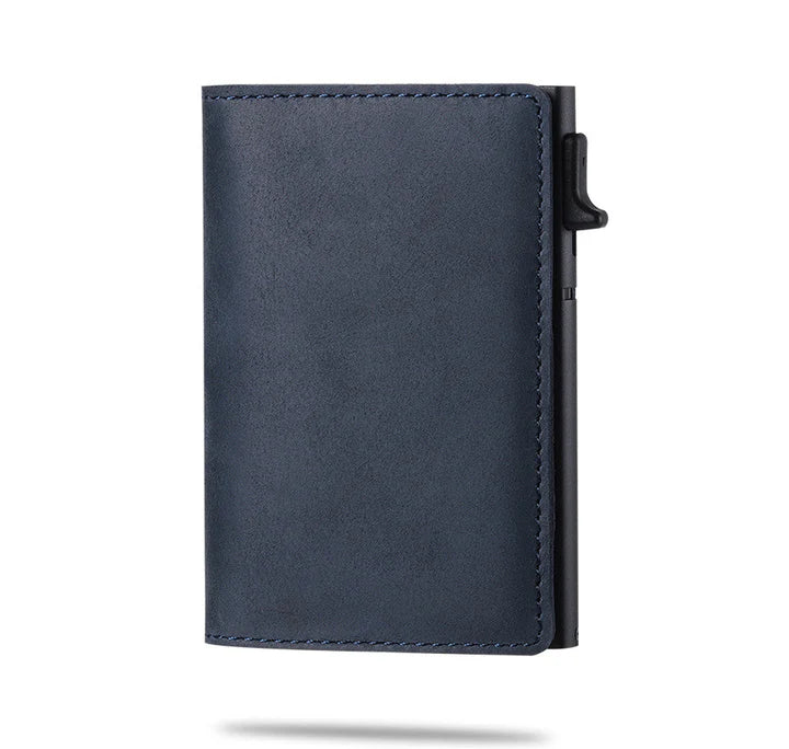 Stylish men's RFID blocking wallet, carbon fiber finish, designed to hold an Apple AirTag
