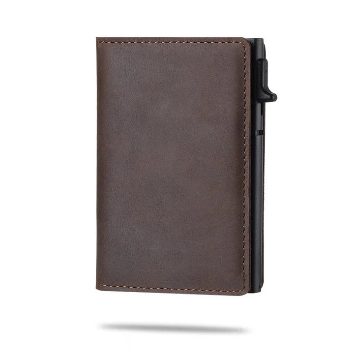 Compact men's wallet, black, featuring RFID security and a smart AirTag tracking pocket