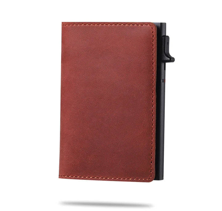 Black AirTag wallet for men, minimalist design, offering RFID protection for cards