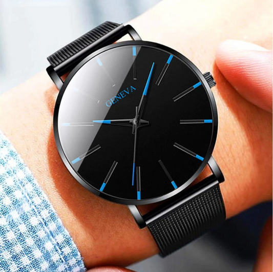 Minimalist men's sustainable quartz watch with black band, showcasing its sleek, eco-friendly design