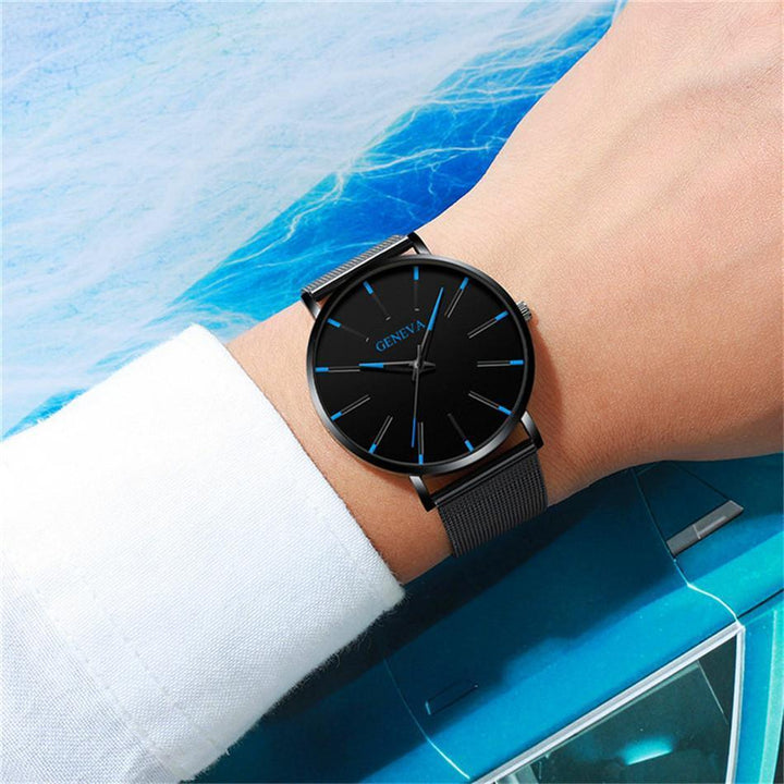 Eco-friendly men's quartz watch, minimalist design with black band, perfect for sustainable fashion