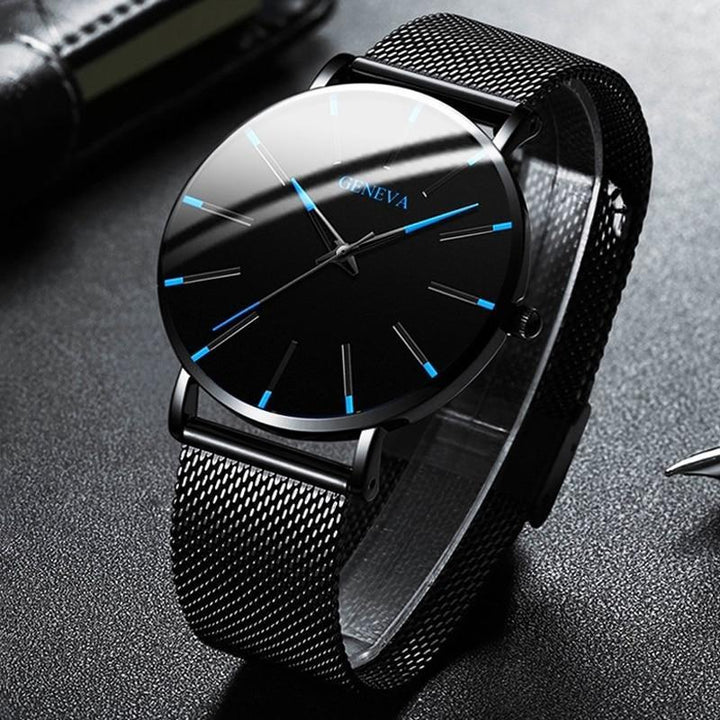 Stylish new minimalist men's watch, black band, sustainable materials, an eco-friendly fashion statement
