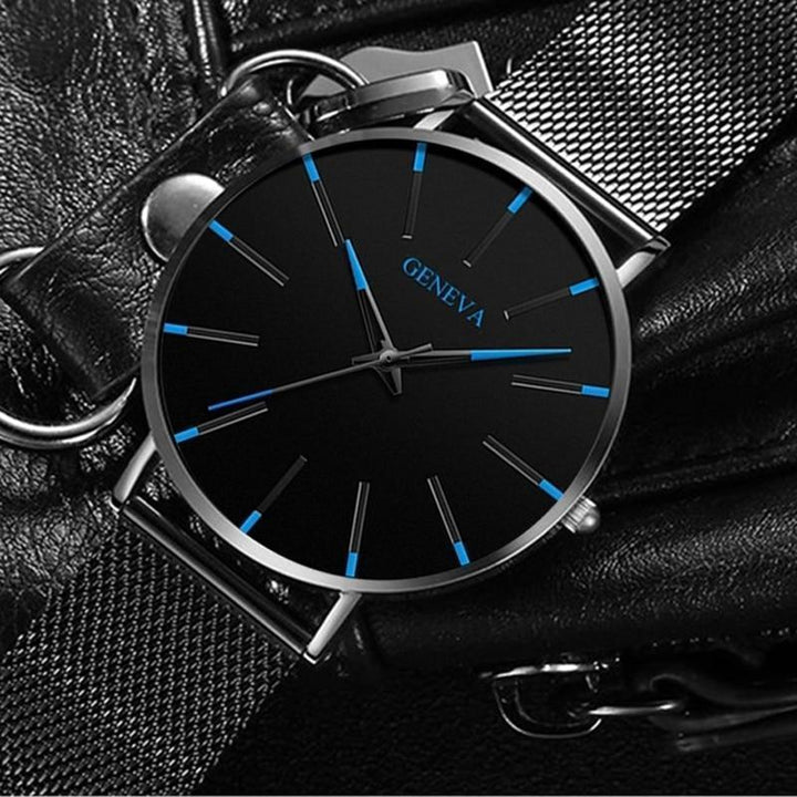 Innovative men's sustainable quartz watch featuring a minimalist design and a sleek black eco-friendly band
