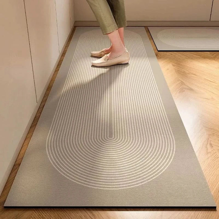 Minimalist kitchen mat enhances decor. Easy clean, durable non-slip floor protection for modern homes.