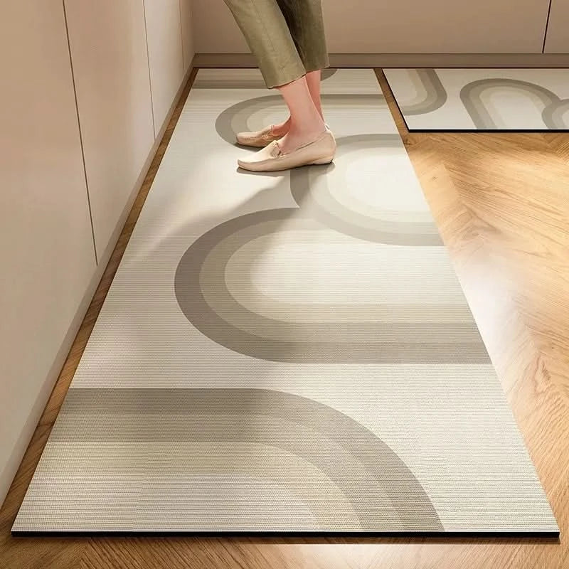Sleek minimalist kitchen rug. Non-slip, easy clean, and durable floor mat for a safe & stylish kitchen.