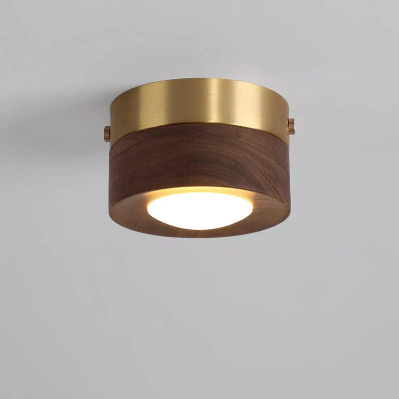 Minimalist round wooden LED ceiling light with walnut finish, ideal for modern home decor. Energy-efficient ambient lighting.