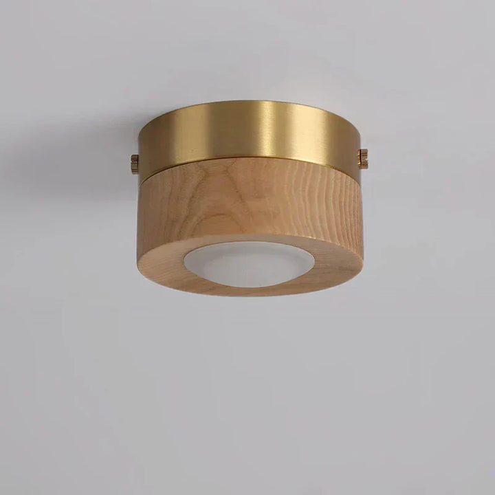 Elegant round LED ceiling light with natural walnut wood finish, a minimalist modern lighting fixture for home decor.