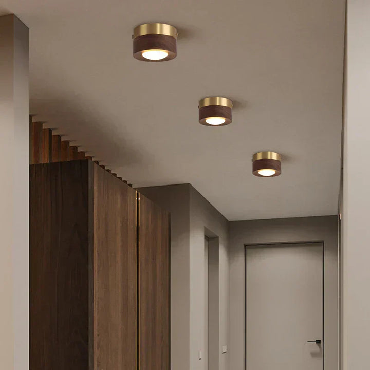 Minimalist round LED ceiling light in walnut wood, offering three color light options for customizable ambient lighting.